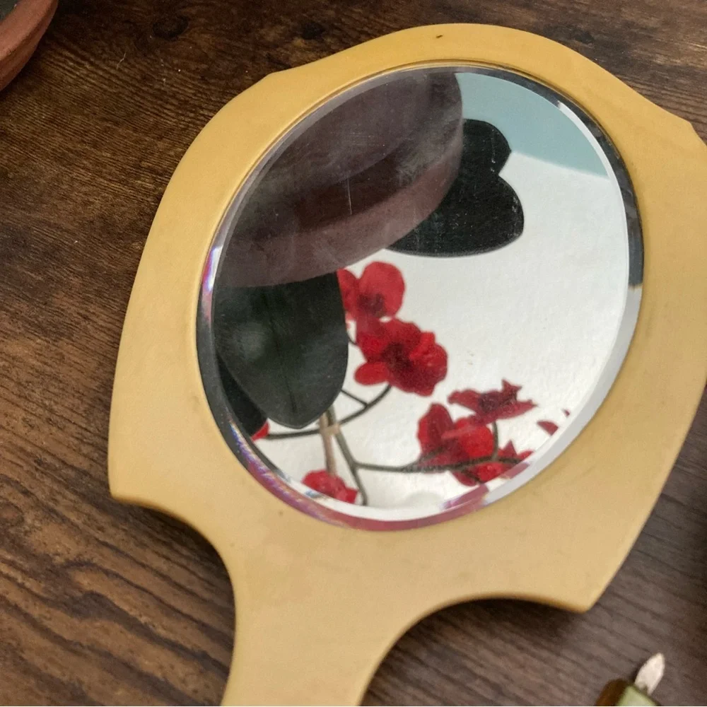 vintage 1940s Art Deco pearlized gold celluloid and Bakelite vanity/dresser set